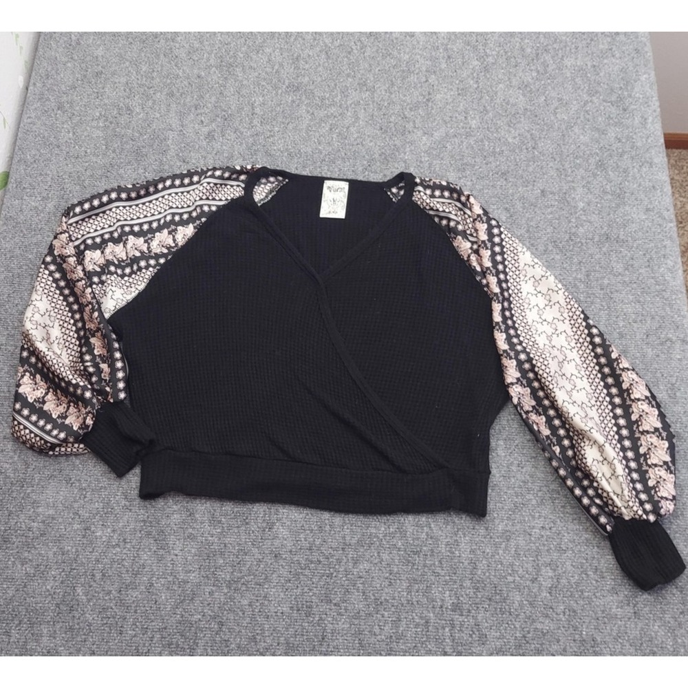 Vocal Shirt Sweater Womens XL Black Surplice Waffle Knit Contrast Balloon Sleeve